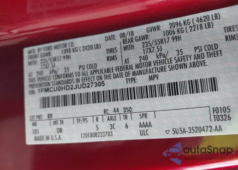 2018 Ford Escape Sel из США, поврежденный, VIN 1FMCU0HD2JUD27305